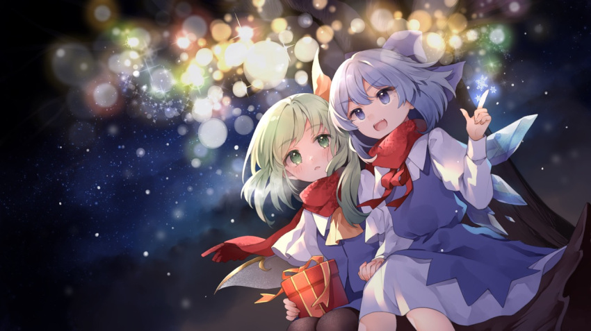 2girls :d ascot black_legwear blue_bow blue_dress blue_eyes blue_hair blurry bokeh bow cirno clouds daiyousei depth_of_field dress dutch_angle eyebrows_visible_through_hair fairy_wings feet_out_of_frame flat_chest gift green_eyes green_hair hair_bow holding holding_gift ice ice_wings index_finger_raised juliet_sleeves light_particles long_sleeves looking_afar looking_at_another multiple_girls neck_ribbon night night_sky open_mouth pantyhose puffy_sleeves red_neckwear red_ribbon red_scarf ribbon risui_(suzu_rks) scarf short_hair sitting sky smile sparkle star_(sky) starry_sky touhou tree v-shaped_eyebrows wings yellow_bow yellow_neckwear