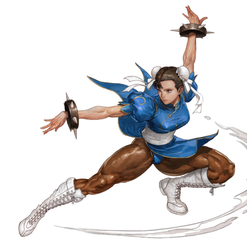 1girl boots bracelet breasts brown_hair china_dress chinese_clothes chun-li double_bun dress earrings fighting_stance jewelry kyoung_hwan_kim large_breasts martial_arts muscular pantyhose sash spiked_bracelet spikes street_fighter tied_hair white_footwear