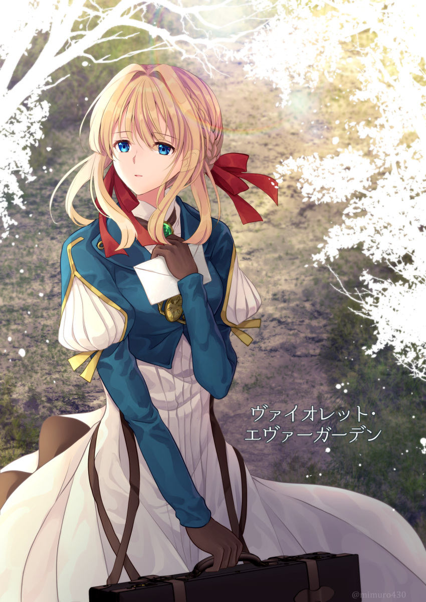 1girl bag bangs blonde_hair blue_eyes blue_jacket braid brown_gloves character_name copyright_name day dress eyebrows_visible_through_hair floating_hair french_braid gloves hair_between_eyes hair_intakes hair_ribbon highres holding holding_bag holding_letter jacket letter long_dress long_hair long_sleeves outdoors red_ribbon ribbon solo standing suitcase t-inababa violet_evergarden violet_evergarden_(character) white_dress