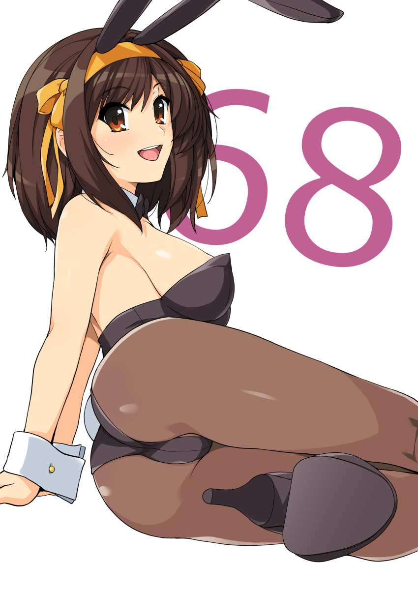 1girl absurdres animal_ears bangs black_leotard breasts brown_eyes brown_hair eyebrows_visible_through_hair fake_animal_ears hair_ornament hairband haruhisky highres leotard looking_at_viewer medium_breasts pantyhose playboy_bunny rabbit_ears shiny shiny_clothes shiny_hair solo strapless strapless_leotard suzumiya_haruhi suzumiya_haruhi_no_yuuutsu wrist_cuffs