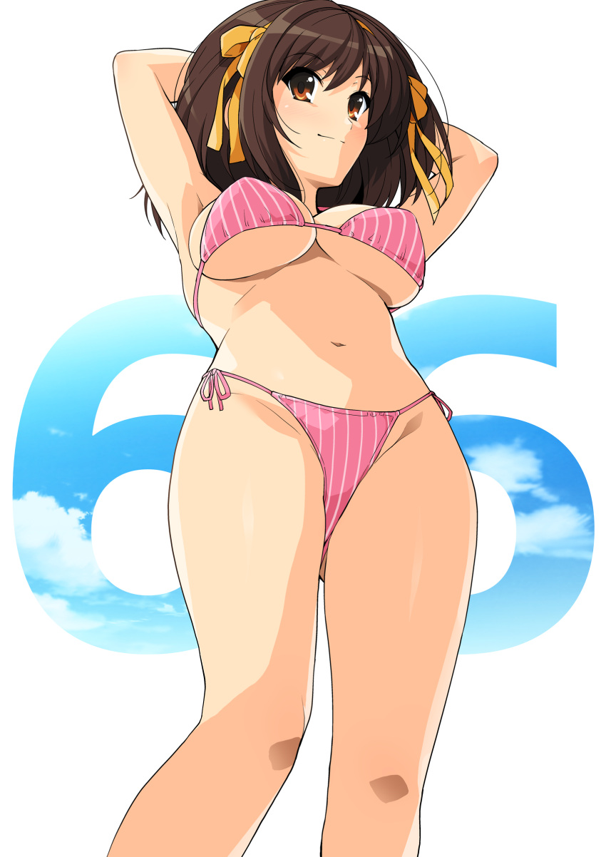 1girl absurdres bangs bare_arms bare_legs bare_shoulders barefoot bikini breasts brown_eyes brown_hair eyebrows_visible_through_hair hair_ornament hairband haruhisky highres lying medium_breasts on_stomach shiny shiny_hair solo striped striped_bikini suzumiya_haruhi suzumiya_haruhi_no_yuuutsu swimsuit thighs
