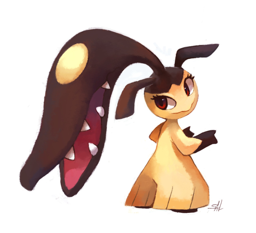 brown_eyes commentary creature english_commentary eyelashes full_body gen_3_pokemon looking_back mawile no_humans pokemon pokemon_(creature) signature simple_background solo white_background