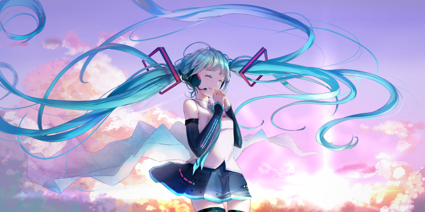 1girl absurdly_long_hair absurdres black_legwear black_skirt black_sleeves blue_hair blue_neckwear breasts closed_eyes closed_mouth clouds collared_shirt commentary cowboy_shot day detached_sleeves floating_hair hair_ornament hands_clasped hatsune_miku hatsune_miku_(vocaloid4) headphones highres huge_filesize long_hair long_sleeves miniskirt necktie outdoors own_hands_together pleated_skirt rain_(leying2626) shiny shiny_hair shirt skirt sleeveless sleeveless_shirt small_breasts smile solo standing thigh-highs twintails v4x very_long_hair vocaloid white_shirt wing_collar zettai_ryouiki