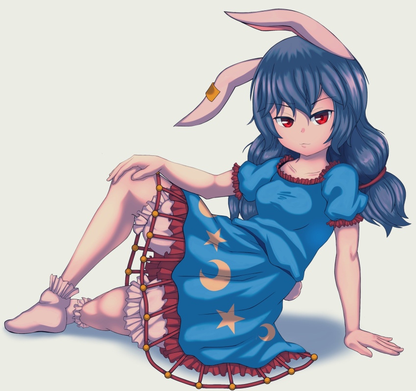 1girl :3 animal_ears arm_support bad_anatomy bloomers blue_dress blue_hair bobby_socks breasts bunny_tail closed_mouth collarbone crescent_print dress ear_ornament eyebrows_visible_through_hair full_body hair_between_eyes hand_on_own_knee highres long_hair looking_at_viewer low_twintails lying on_side puffy_short_sleeves puffy_sleeves rabbit_ears red_eyes seiran_(touhou) short_sleeves simple_background small_breasts socks solo star_(symbol) star_print tail touhou twintails underwear white_background white_legwear zawapirori