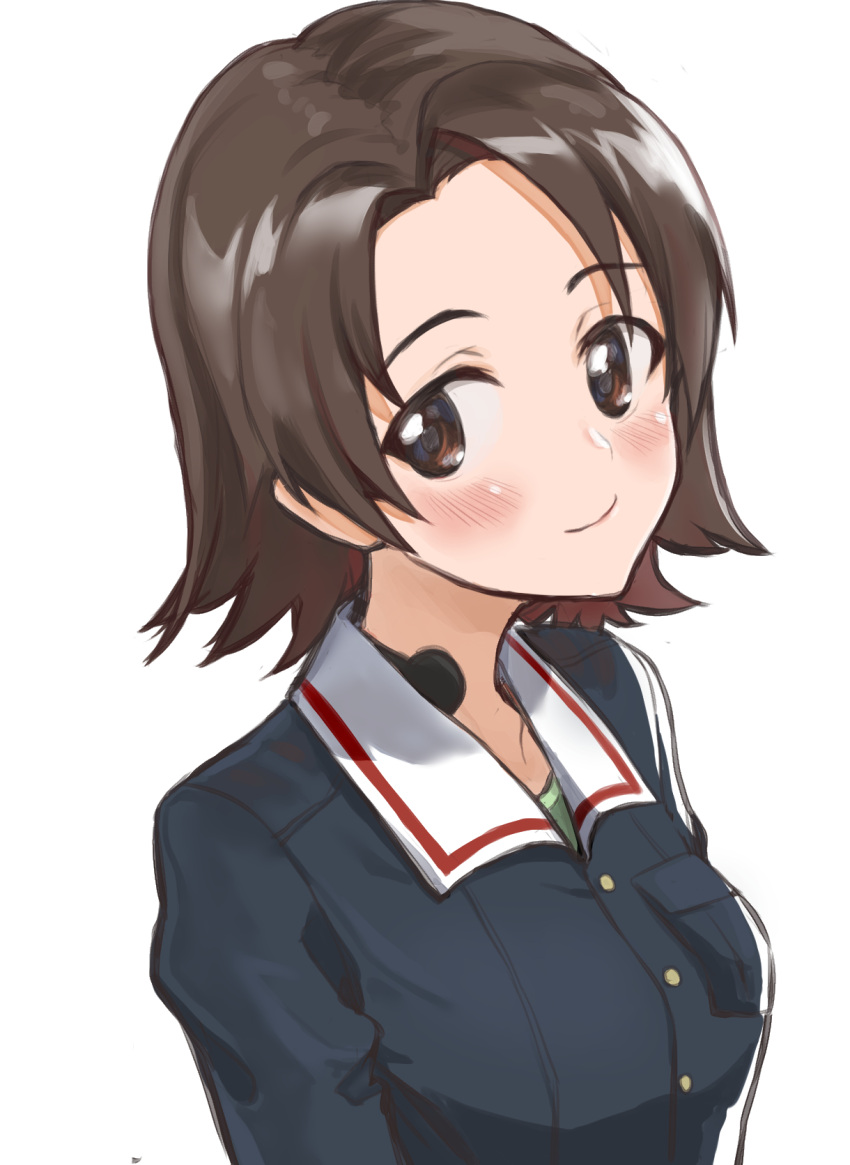 1girl blue_jacket blush brown_eyes brown_hair closed_mouth girls_und_panzer highres jacket looking_at_viewer mamu_t7s ooarai_military_uniform sawa_azusa shiny shiny_hair short_hair simple_background sketch smile solo upper_body white_background