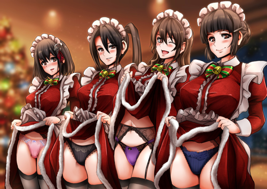 4girls alternate_costume apron arekishi_raiho ashigara_(kantai_collection) black_hair black_legwear black_panties blue_panties blurry braid braided_bun brown_eyes brown_hair christmas_tree commentary_request cowboy_shot depth_of_field dress dress_lift enmaided frilled_apron frills haguro_(kantai_collection) hair_bun hair_ornament highres indoors kantai_collection long_hair looking_at_viewer maid maid_headdress multiple_girls myoukou_(kantai_collection) nachi_(kantai_collection) one_eye_closed panties pink_panties purple_panties red_dress short_hair side_ponytail thigh-highs underwear white_apron window