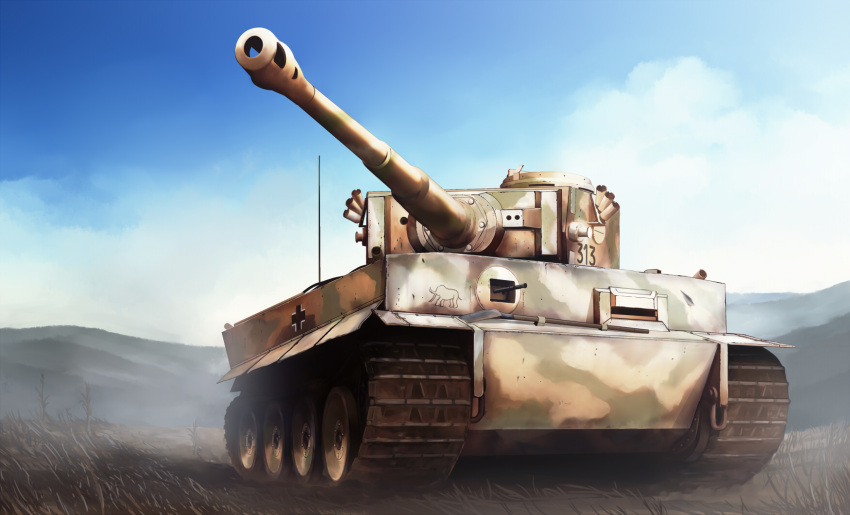 artist_request caterpillar_tracks clouds commentary_request day grass ground_vehicle highres hill iron_cross military military_vehicle motor_vehicle no_humans original scenery sky tank tiger_i weapon world_war_ii