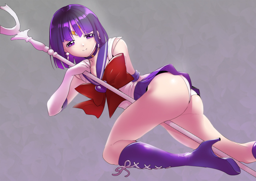 1girl ass back_bow bishoujo_senshi_sailor_moon boots bow breasts choker circlet earrings elbow_gloves gloves highres jewelry leotard looking_at_viewer lying on_side pleated_skirt purple_hair purple_sailor_collar sailor_collar sailor_saturn sailor_senshi sailor_senshi_uniform shiny shiny_hair shiny_skin short_hair silence_glaive skirt solo star_(symbol) star_choker tomoe_hotaru toppogi violet_eyes white_gloves white_leotard