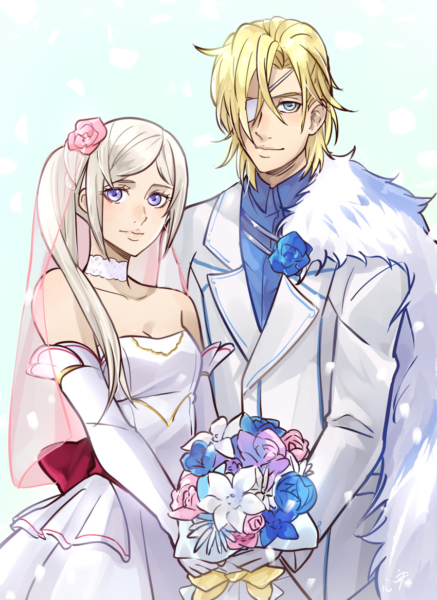 1boy 1girl adapted_costume alternate_hairstyle blonde_hair blue_eyes bouquet breasts bridal_veil cape couple dimitri_alexandre_blaiddyd edelgard_von_hresvelg elbow_gloves eyepatch fire_emblem fire_emblem:_three_houses fire_emblem_16 fire_emblem_heroes flower flower_hair_ornament if_they_mated intelligent_systems kokomi_(k0k0midess) love nintendo parted_lips rose suit violet_eyes wedding wedding_dress white_hair white_suit