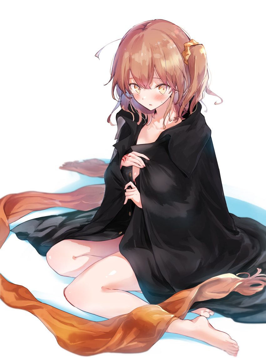 1girl absurdres akizuki_maku bangs barefoot black_jacket blush command_spell commentary fate/grand_order fate_(series) fujimaru_ritsuka_(female) hair_ornament hair_scrunchie highres jacket legs naked_jacket orange_eyes orange_hair orange_scarf orange_scrunchie parted_lips scarf scrunchie side_ponytail simple_background sitting solo sweatdrop white_background yokozuwari