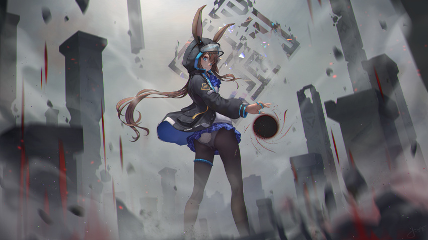 1girl :| amiya_(arknights) animal_ears arknights ass bangs black_jacket black_legwear blue_eyes blurry_foreground brown_hair bunny_tail closed_mouth english_commentary floating_hair from_behind grey_background headset highres hood hood_up hooded_jacket jacket jay_xu jewelry long_hair long_sleeves looking_at_viewer looking_back multiple_rings open_clothes open_jacket originium_arts_(arknights) panties panties_under_pantyhose pantyhose pillar ponytail rabbit_ears ring sidelocks signature solo standing tail thighlet torn_clothes torn_legwear underwear