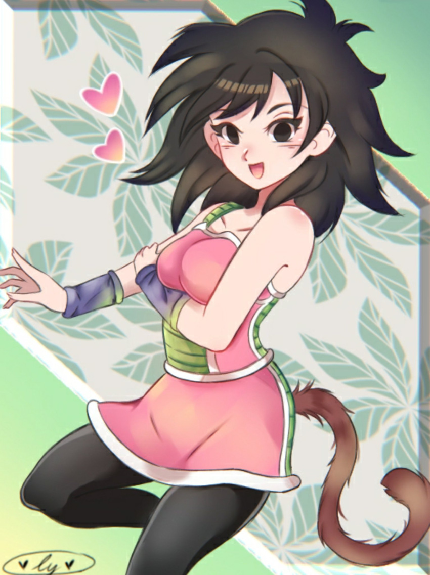 1girl :d arm_under_breasts armor bare_arms bare_shoulders black_eyes black_hair black_legwear blush breasts collarbone dragon_ball dragon_ball_minus dragon_ball_super dragon_ball_super_broly eyelashes feet_out_of_frame gine happy highres krystalstar70 leaf leaf_background leg_up medium_breasts medium_hair monkey_tail open_mouth outstretched_hand pantyhose pink_skirt shiny shiny_hair shoulder_blush signature skirt smile solo standing standing_on_one_leg tail tareme wristband