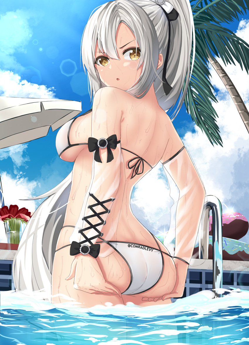 1girl ass azur_lane bare_shoulders bikini breasts clouds day detached_sleeves drake_(azur_lane) drake_(the_golden_hind's_respite)_(azur_lane) from_behind halterneck hands_on_own_ass highres large_breasts lens_flare levy_(comradlevy) long_hair long_sleeves looking_at_viewer looking_back multi-strapped_bikini palm_tree parted_lips ponytail pool see-through silver_hair sky solo standing string_bikini sunlight swimsuit tree v-shaped_eyebrows very_long_hair wading water wet white_bikini yellow_eyes