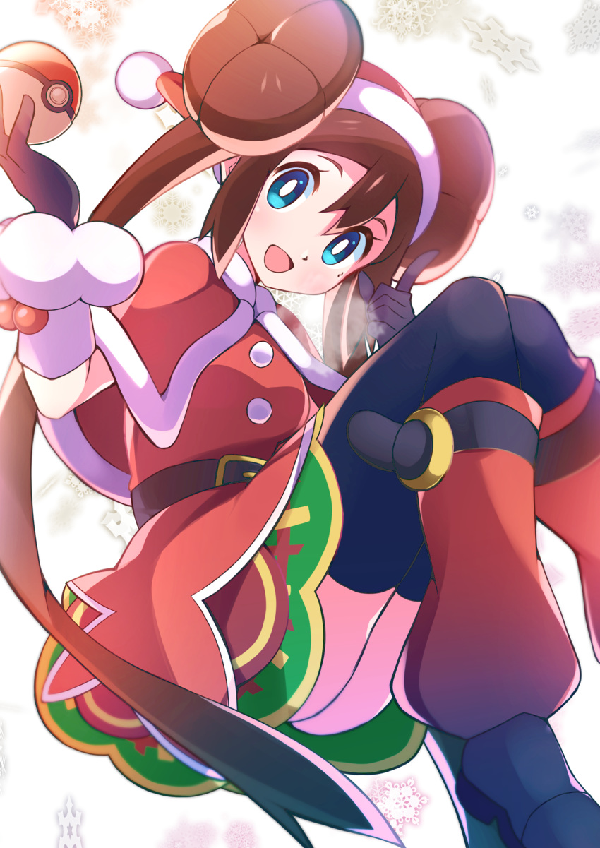 1girl bangs belt black_gloves black_legwear blue_eyes brown_hair capelet christmas commentary_request double_bun dress eyelashes gloves hat highres holding holding_poke_ball long_hair looking_at_viewer miyama-san open_mouth poke_ball poke_ball_(basic) pokemon pokemon_(game) pokemon_masters_ex red_capelet red_dress red_headwear rosa_(pokemon) santa_hat sidelocks smile solo thigh-highs twintails very_long_hair