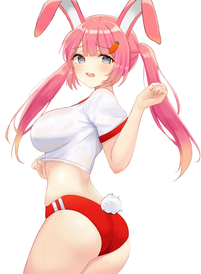 1girl :o absurdres animal_ears ass blush breasts bunny_tail buruma carrot_hair_ornament character_request copyright_request food_themed_hair_ornament grey_eyes gym_shirt gym_uniform hair_ornament highres kano_(wi3028) large_breasts long_hair looking_at_viewer midriff pink_hair rabbit_ears rabbit_girl red_buruma shirt solo sweat tail teeth twintails white_shirt