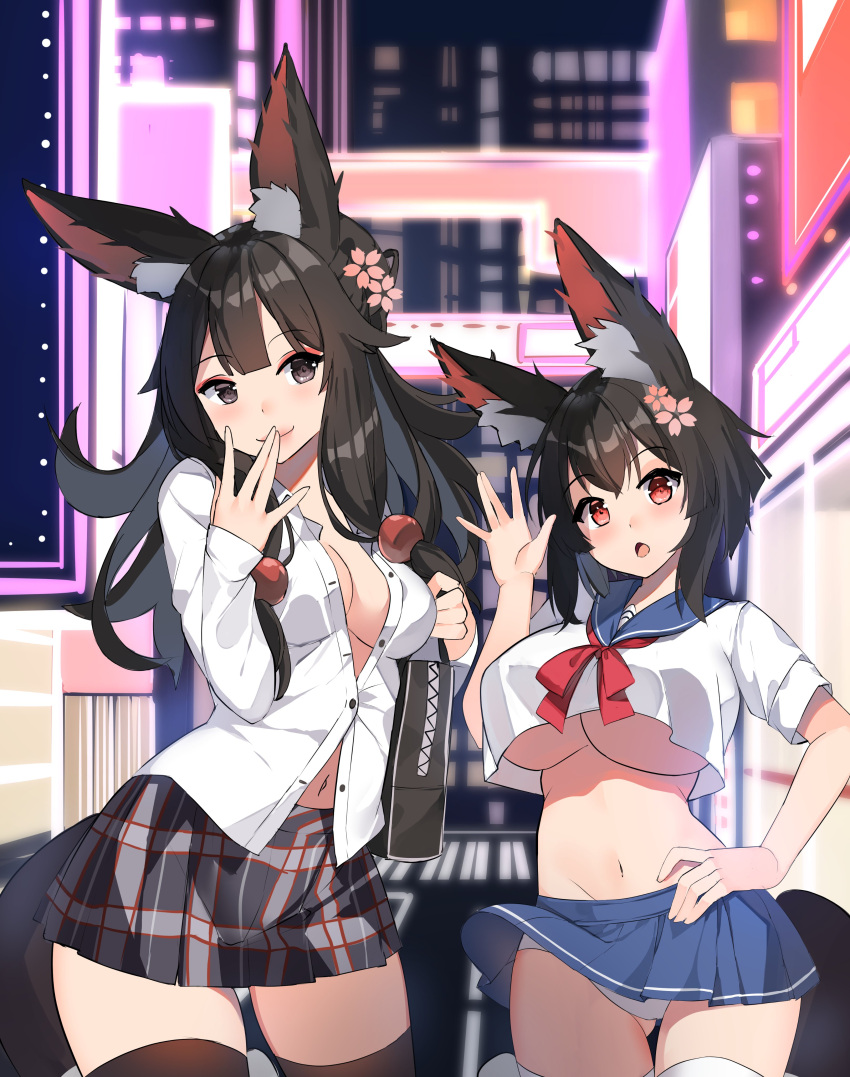 2girls absurdres animal_ear_fluff animal_ears bag bangs black_eyes black_hair black_skirt blue_skirt breasts commentary commission english_commentary finger_to_mouth flower fox_ears fox_girl fox_tail hair_flower hair_ornament hand_on_hip highres large_breasts looking_at_viewer multiple_girls navel neon_lights no_bra open_mouth original panties panty_peek pleated_skirt red_eyes school_bag school_uniform second-party_source short_hair skirt smile tail under_boob underwear vierzeck