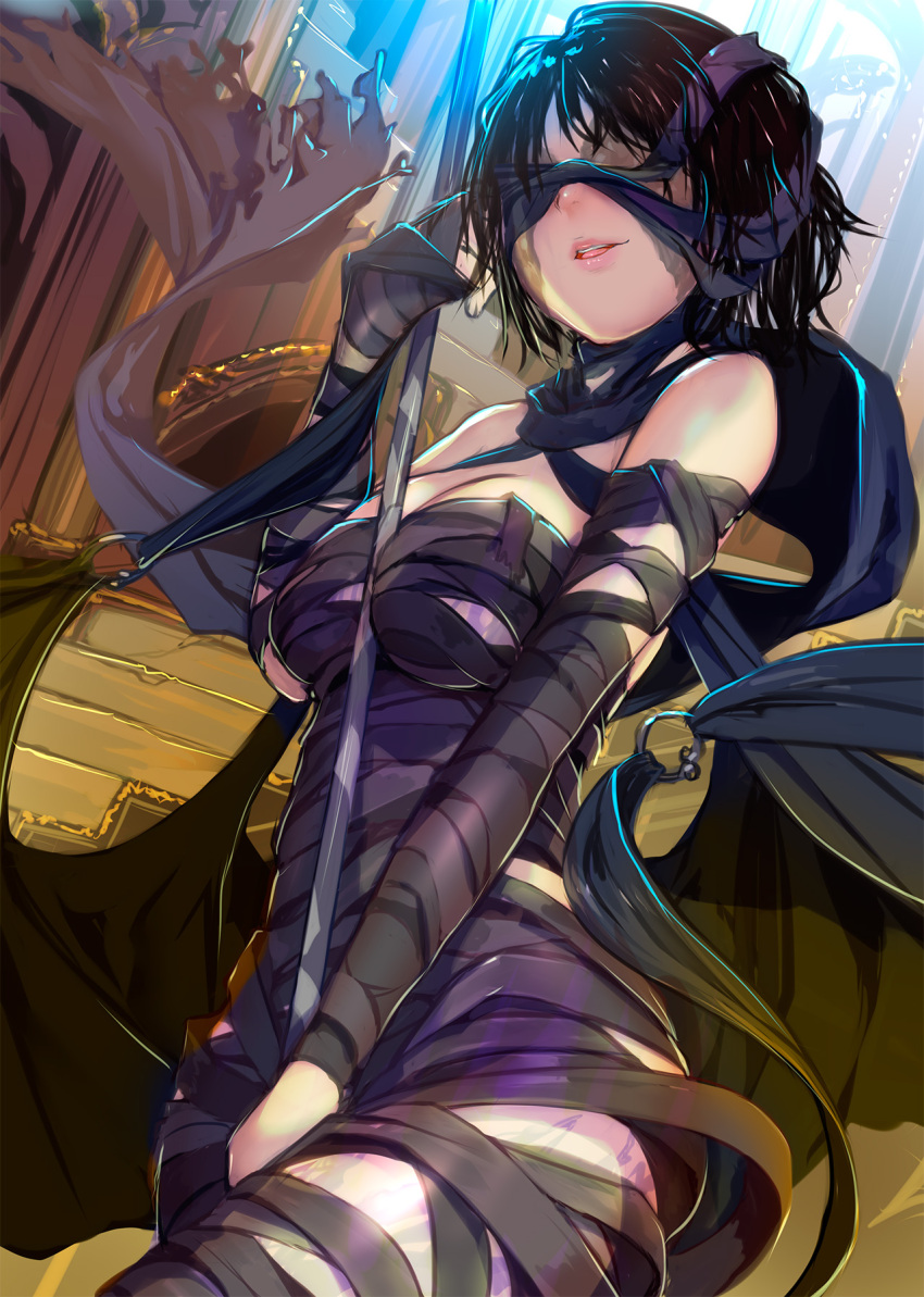 1girl bandages bandages_over_eyes bare_shoulders black_hair breasts demon's_souls highres lips looking_at_viewer maiden_in_black medium_breasts mikazuki_akira! naked_bandage open_mouth scarf shiny shiny_hair short_hair smile solo souls_(from_software) staff standing