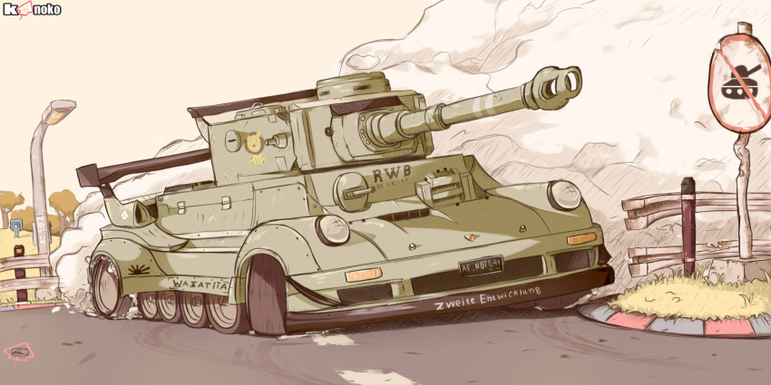 artist_request car caterpillar_tracks day girls_und_panzer grass ground_vehicle highres lamppost military military_vehicle motor_vehicle no_humans original porsche road sky smoke tank tiger_(p) tree wheel