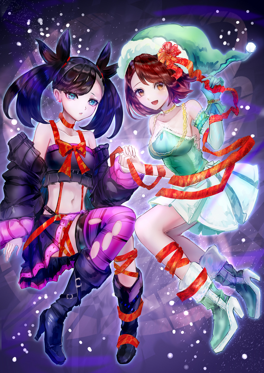 2girls asymmetrical_bangs bangs black_hair blue_eyes bob_cut boots bow brown_eyes brown_hair christmas collarbone commentary_request detached_sleeves earrings eyelashes gloria_(pokemon) gloves green_footwear green_gloves green_headwear hair_ribbon hat highres holding_hands jewelry looking_at_viewer marnie_(pokemon) multiple_girls navel open_mouth orange_bow orange_ribbon pleated_skirt pokemon pokemon_(game) pokemon_swsh purple_legwear red_ribbon ribbon santa_hat shiny shiny_hair short_hair skirt smile thigh-highs torn_clothes torn_legwear tsukigime_(fool_ehle)