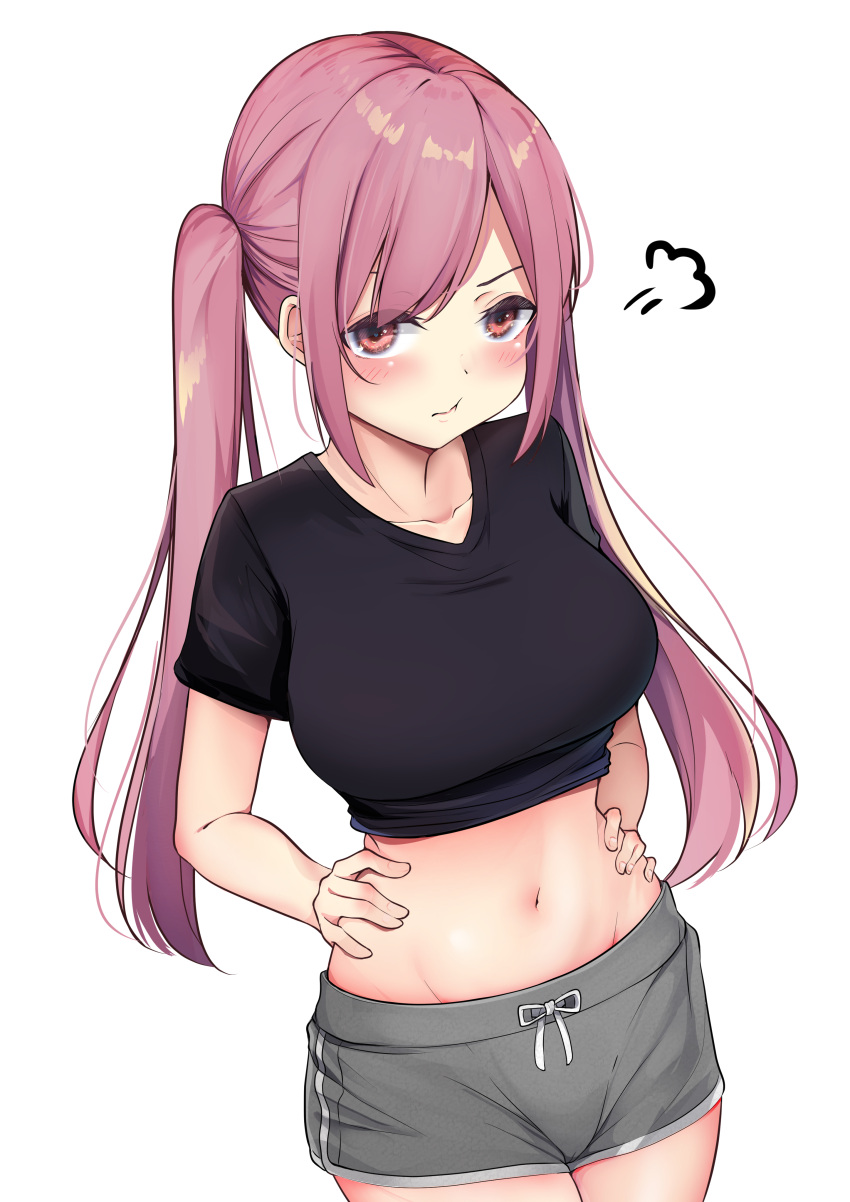 1girl =3 absurdres bangs black_shirt blush breasts closed_mouth collarbone commentary_request cowboy_shot crop_top dolphin_shorts grey_shorts groin hands_on_hips highres large_breasts long_hair looking_at_viewer midriff minato_yu navel original pout purple_hair red_eyes shirt short_shorts short_sleeves shorts sidelocks simple_background solo stomach swept_bangs twintails v-shaped_eyebrows white_background