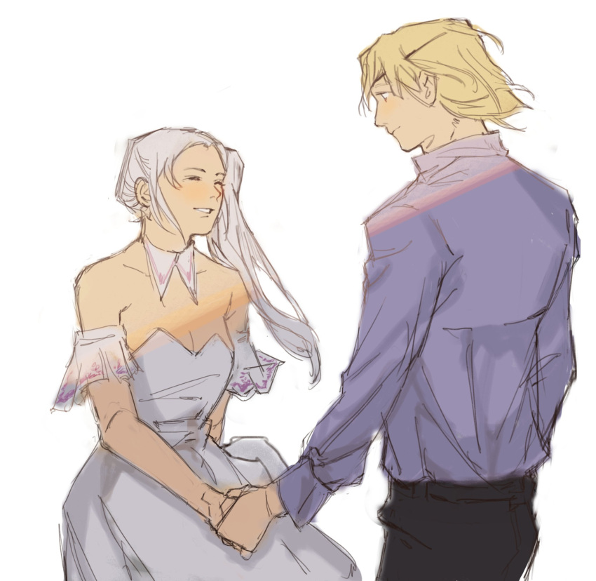 1boy 1girl blonde_hair clenched_teeth closed_eyes couple cute dancing dimiedel dimitri_alexandre_blaiddyd dress edelgard_von_hresvelg eyepatch fire_emblem fire_emblem:_three_houses fire_emblem:_three_houses fire_emblem_16 formal holding_hands incest intelligent_systems long_hair love nintendo pants shirt short_hair simple_background waltz_(dance) white_shirt