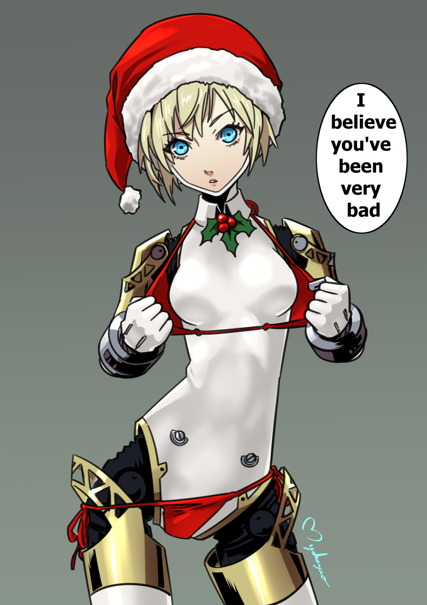 1girl absurdres aegis_(persona) android artist_name bikini blonde_hair blue_eyes christmas contrapposto english_text expressionless grey_background hat highres joints mistletoe myahogao persona persona_3 red_bikini robot robot_joints santa_costume santa_hat short_hair solo swimsuit