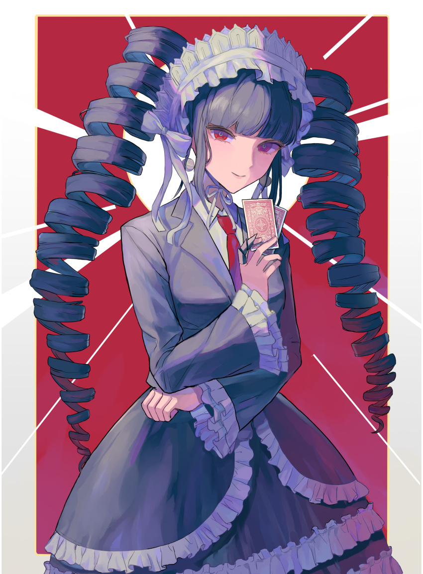 1girl absurdres bangs black_hair bonnet card celestia_ludenberck closed_mouth commentary_request cowboy_shot dangan_ronpa:_trigger_happy_havoc dangan_ronpa_(series) dress drill_hair frills goshido_(user_syxu5442) gothic_lolita highres holding holding_card lolita_fashion long_hair long_sleeves looking_at_viewer necktie playing_card red_eyes red_neckwear smile solo twin_drills twintails
