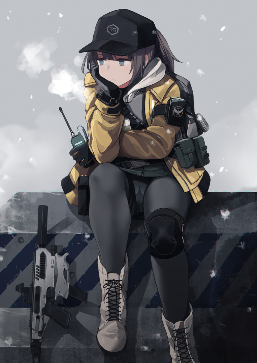 1girl baseball_cap blue_eyes boots deele_(girls_frontline) genderswap genderswap_(mtf) girls_frontline glock gloves gun handgun hat head_on_hand highres jacket knee_pads long_hair mishima_hiroji pantyhose pistol radio simple_background sitting skirt snowflakes snowing solo suppressor weapon