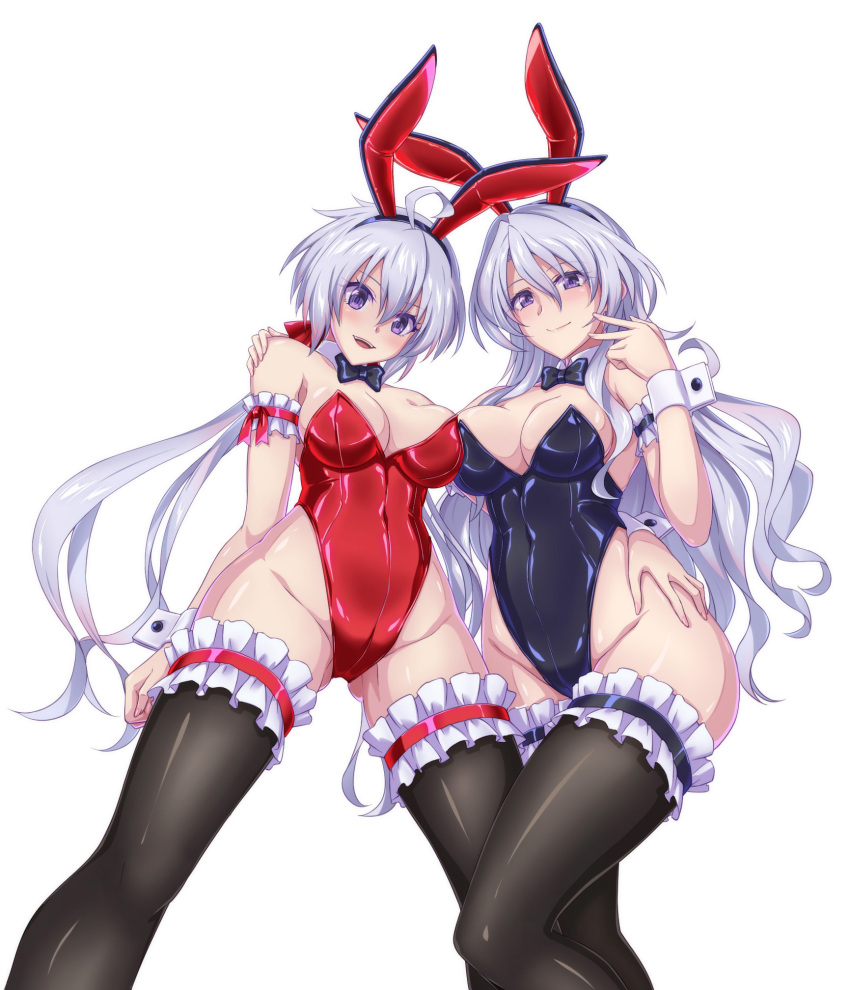 2girls ahoge animal_ears armband asymmetrical_docking black_legwear black_leotard black_neckwear bow bowtie breast_press breasts bunny_tail commentary_request cowboy_shot detached_collar fake_animal_ears feet_out_of_frame frilled_legwear from_below highres leotard light_purple_hair looking_at_viewer low_twintails medium_breasts multiple_girls original playboy_bunny rabbit_ears red_leotard ribimura senki_zesshou_symphogear simple_background standing strapless strapless_leotard tail thigh-highs twintails violet_eyes white_background wrist_cuffs yukine_chris