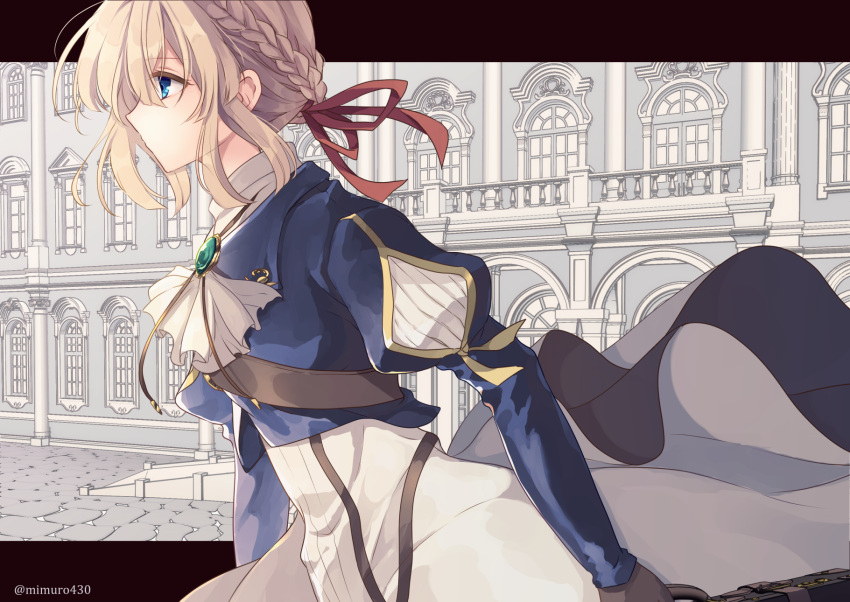 1girl bag blonde_hair blue_eyes blue_jacket braid brown_gloves dress eyebrows_visible_through_hair french_braid from_side gloves hair_between_eyes hair_ribbon highres holding holding_bag jacket long_dress long_sleeves no_mouth profile red_ribbon ribbon shiny shiny_hair short_hair solo suitcase t-inababa twitter_username violet_evergarden violet_evergarden_(character) white_dress yellow_ribbon