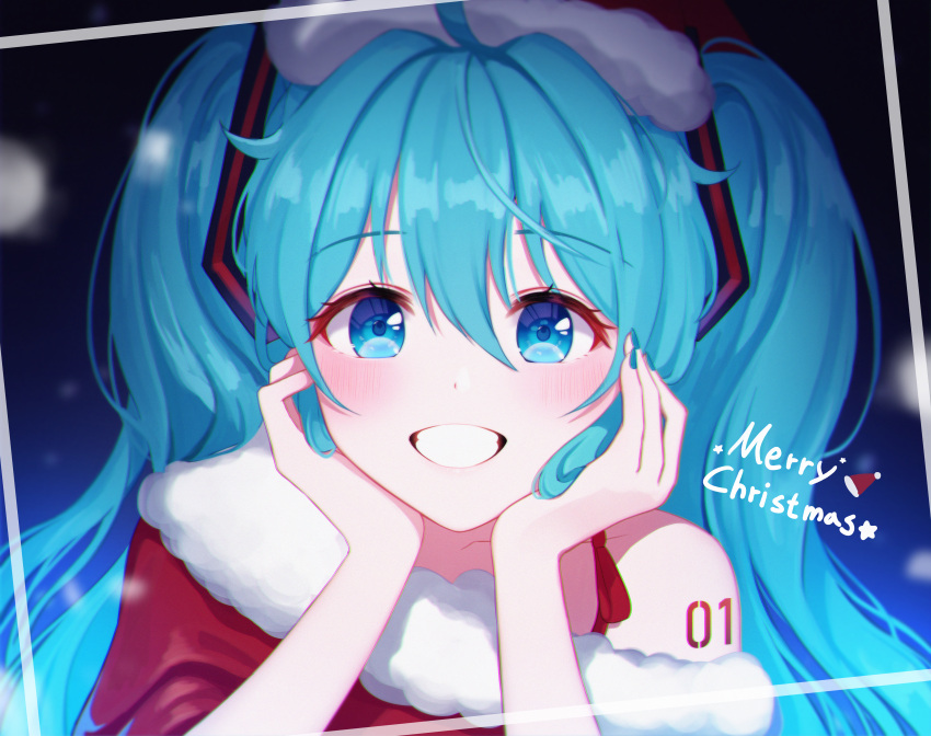1girl absurdres ahoge aqua_hair bangs blue_eyes blue_nails blush christmas collarbone commentary_request eyebrows_visible_through_hair framed fur-trimmed_jacket fur_trim grin hair_between_eyes hands_up hat hatsune_miku highres huge_filesize jacket long_hair merry_christmas nani_(goodrich) number santa_hat short_sleeves shoulder_tattoo single_bare_shoulder smile solo tattoo twintails very_long_hair vocaloid