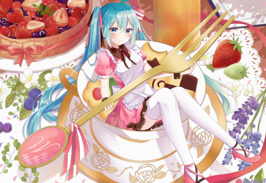 1girl absurdres apron bangs blue_eyes blue_hair blueberry blush breasts checkerboard_cookie closed_mouth commentary_request cookie cup dress eyebrows_visible_through_hair feet_out_of_frame flower food fork frilled_apron frilled_dress frills fruit hair_between_eyes hatsune_miku high_heels highres holding holding_fork in_container in_cup long_hair looking_at_viewer minigirl noneon319 pink_dress pink_footwear puffy_short_sleeves puffy_sleeves purple_flower saucer shoes short_sleeves small_breasts smile solo strawberry teacup thigh-highs twintails twitter_username very_long_hair vocaloid white_apron white_flower white_legwear wrist_cuffs