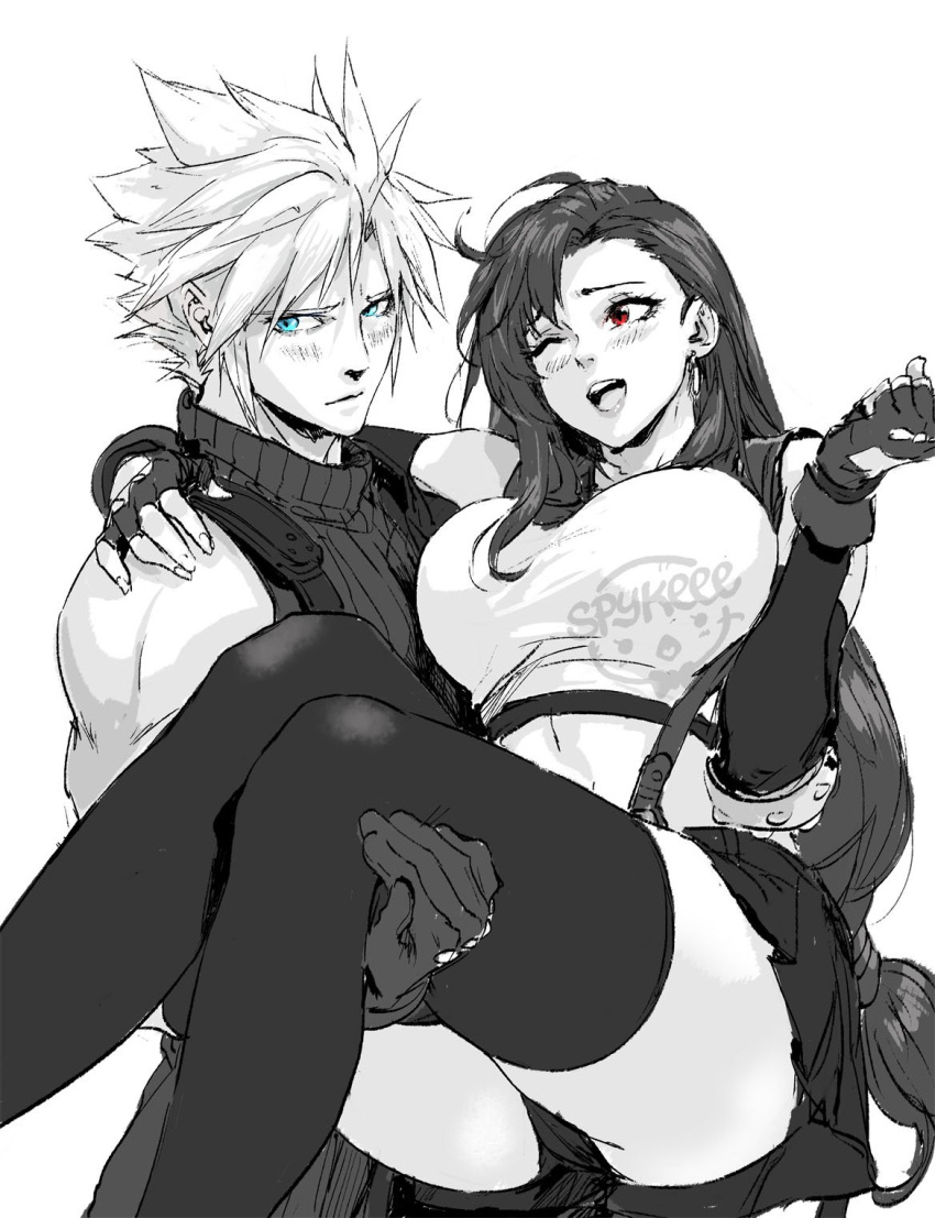 1boy 1girl artist_name blonde_hair blue_eyes breasts carrying cloud_strife final_fantasy final_fantasy_vii final_fantasy_vii_remake gloves happy highres holding holding_another large_breasts light_blush long_hair looking_away midriff one_eye_closed princess_carry red_eyes shy signature spiky_hair sports_bra spykeee1945 tank_top thigh-highs tied_hair tifa_lockhart uniform white_background