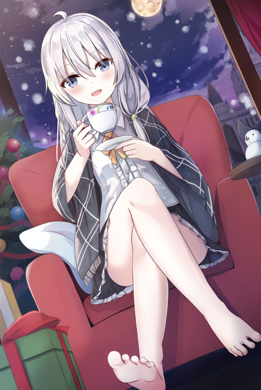 1girl ahoge bangs barefoot blurry blurry_background blush box building christmas_tree crossed_legs cup dutch_angle elaina_(majo_no_tabitabi) eyebrows_visible_through_hair full_moon gift gift_box grey_eyes highres indoors long_hair looking_at_viewer majo_no_tabitabi moon night night_sky open_mouth silver_hair sitting sky solo teacup touhourh