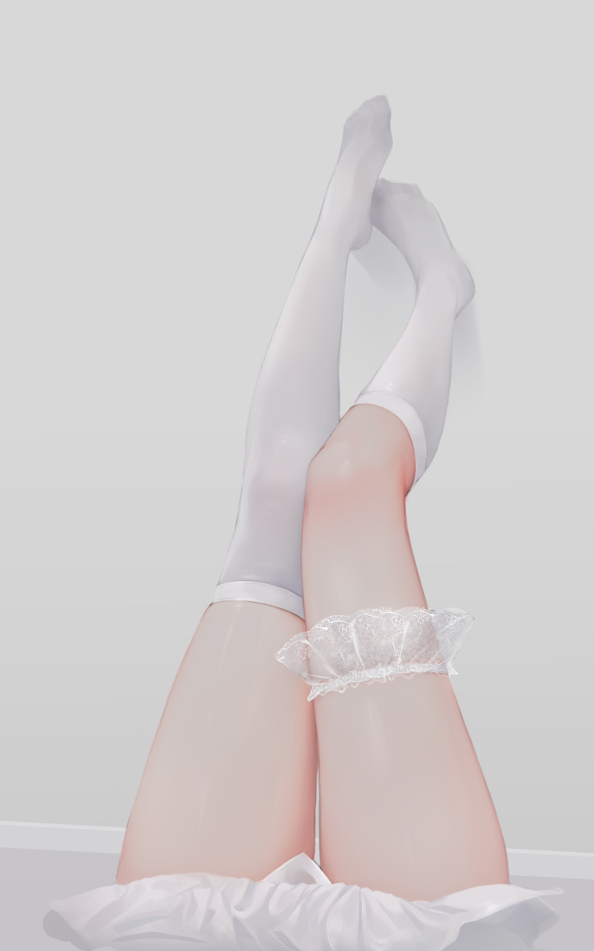1girl absurdres asymmetrical_legwear bbul_horn commentary grey_background head_out_of_frame highres kneehighs no_shoes original pigeon-toed simple_background single_kneehigh single_thighhigh solo thigh-highs thighs white_legwear