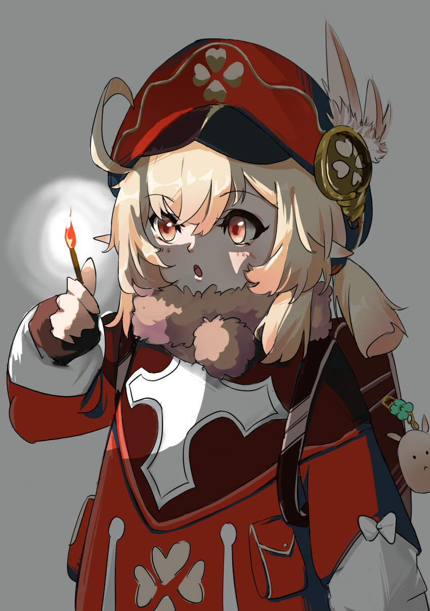 1girl absurdres ahoge backpack bag bangs blonde_hair blush dress dzao fire flame genshin_impact hair_between_eyes hat hat_feather highres holding holding_weapon klee_(genshin_impact) long_hair long_sleeves low_twintails matchstick open_mouth red_dress red_eyes red_headwear solo twintails weapon white_background white_feathers white_legwear