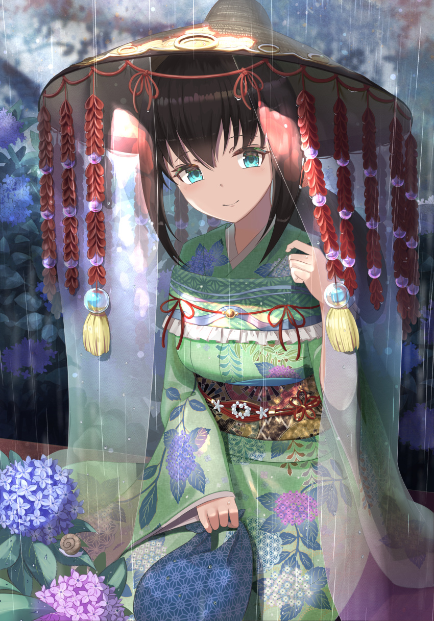 1girl absurdres amigasa aqua_eyes bag bangs black_hair blurry blurry_background breasts closed_mouth commentary_request flower green_kimono hat highres holding holding_bag huge_filesize japanese_clothes kimono leaf looking_at_viewer medium_breasts obi original outdoors rain sash sidelocks sitting smile snail solo veil wander00317_(akihirotanisi) water_drop wide_sleeves