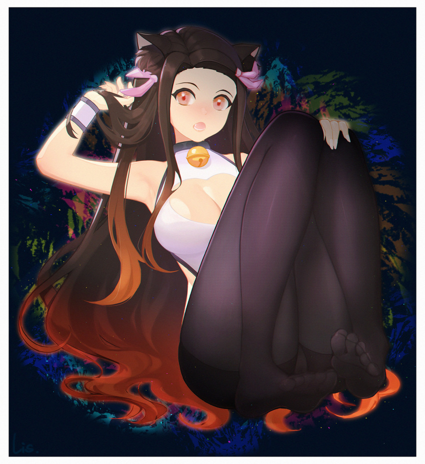 1girl animal_ears armpits bell bell_collar black_legwear border breasts brown_hair cat_ears cleavage_cutout clothing_cutout collar fang full_body gradient_hair hair_ribbon hand_in_hair hand_on_own_knee heart_cutout highres kamado_nezuko kemonomimi_mode kimetsu_no_yaiba large_breasts lis_zhu_long long_hair looking_at_viewer multicolored_hair open_mouth panties panties_under_pantyhose pantyhose pink_eyes pink_ribbon redhead ribbon solo underwear very_long_hair white_border wristband