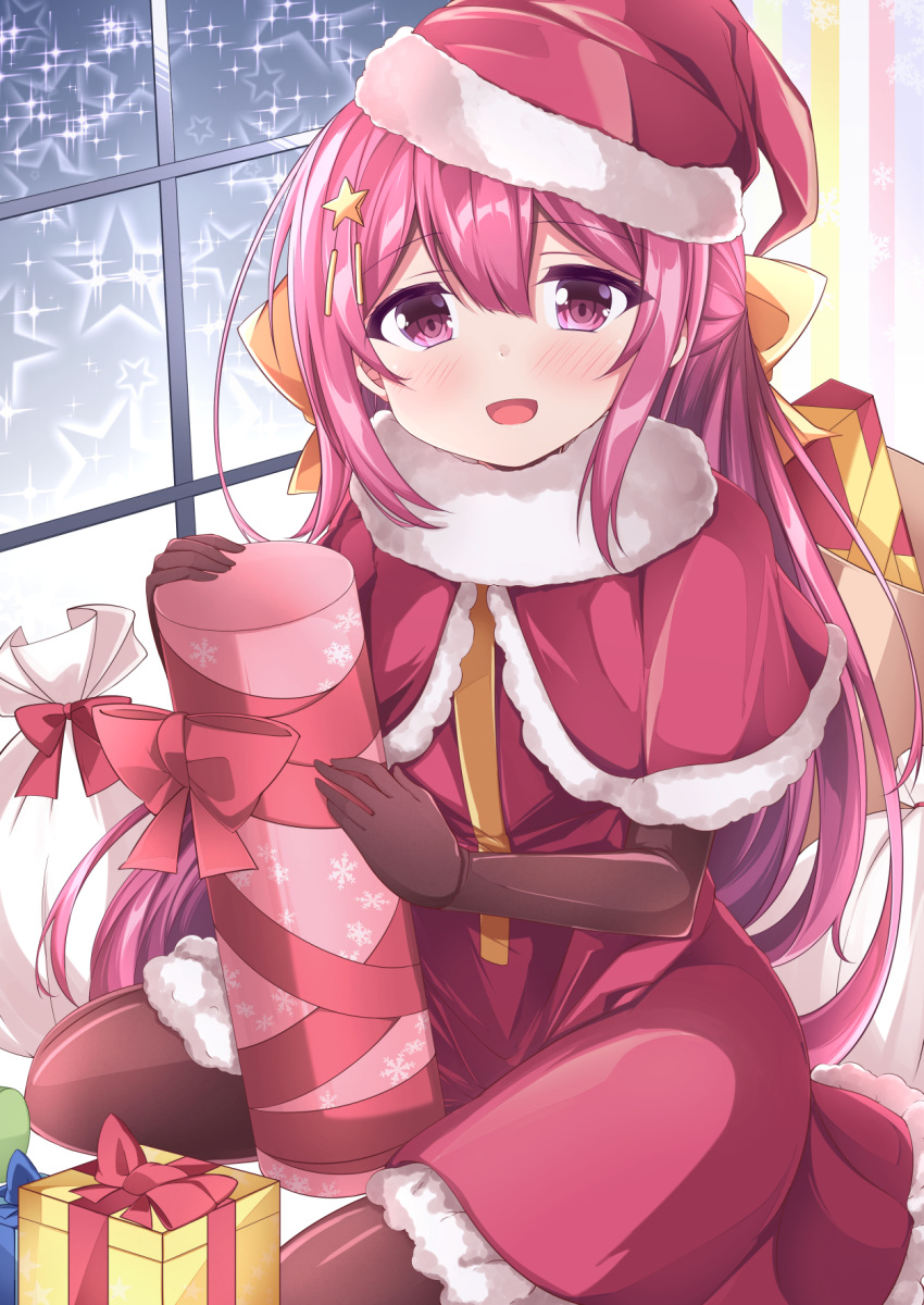 1girl :d acchii_(akina) blush box brown_gloves elbow_gloves eyebrows_visible_through_hair gift gift_box gloves hair_between_eyes hair_ribbon hat highres kamikaze_(kantai_collection) kantai_collection long_hair looking_at_viewer open_mouth purple_hair ribbon sack santa_costume santa_hat smile solo star_(symbol) violet_eyes window yellow_ribbon