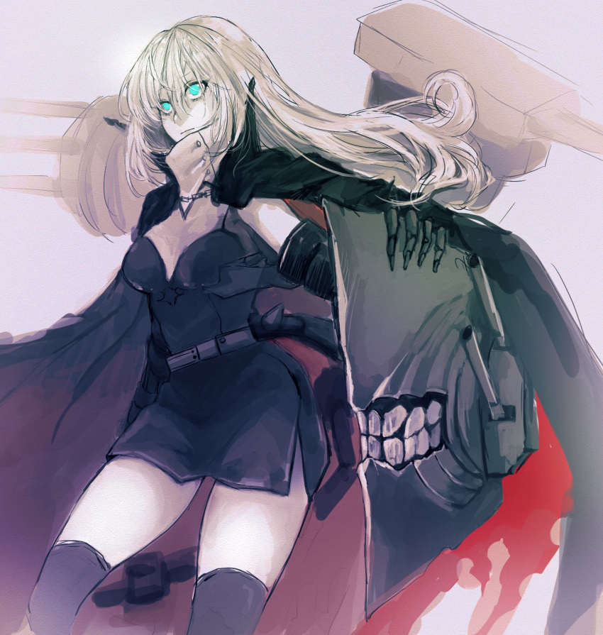 1girl abyssal_ship bangs black_dress black_legwear blue_eyes breasts cape claws closed_mouth colored_skin dress european_water_princess grey_background hagioshi hair_between_eyes highres kantai_collection long_hair mechanical_arm pale_skin rigging simple_background sketch sleeveless sleeveless_dress solo thigh-highs white_hair white_skin