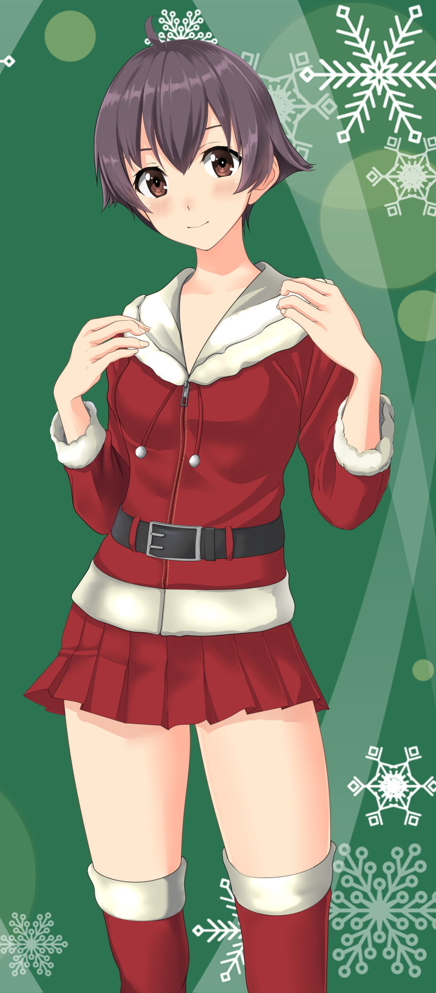 1girl absurdres ahoge black_hair brown_eyes cowboy_shot fur-trimmed_jacket fur-trimmed_legwear fur_trim green_background highres jacket kantai_collection looking_at_viewer official_alternate_costume pleated_skirt red_jacket red_legwear red_skirt sakawa_(kantai_collection) short_hair skirt snowflake_background solo standing takafumi thigh-highs