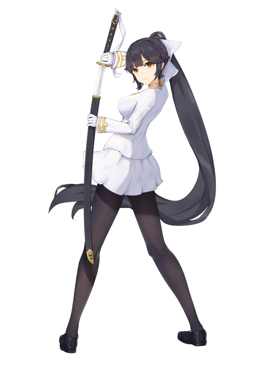 1girl absurdres azur_lane baelsera black_footwear black_hair black_legwear bow breasts gloves hair_bow highres holding holding_sheath holding_sword holding_weapon jacket katana long_hair looking_at_viewer looking_back medium_breasts miniskirt orange_eyes pantyhose pleated_skirt ponytail sheath shoes simple_background skirt solo sword takao_(azur_lane) unsheathing very_long_hair weapon white_background white_bow white_gloves white_jacket white_skirt