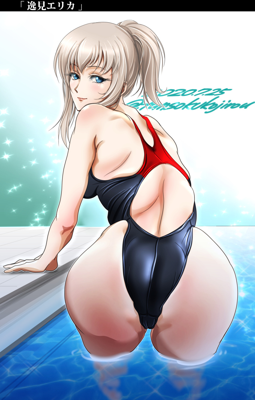 1girl absurdres arm_support ass back_cutout bangs black_swimsuit blue_eyes character_name closed_mouth clothing_cutout commentary competition_swimsuit dated eyebrows_visible_through_hair from_behind girls_und_panzer hair_up highleg highleg_swimsuit highres itsumi_erika leaning_forward looking_at_viewer looking_back medium_hair one-piece_swimsuit pool short_ponytail sidelocks silver_hair skindentation smile solo sparkle standing swimsuit tomokoji twitter_username wading