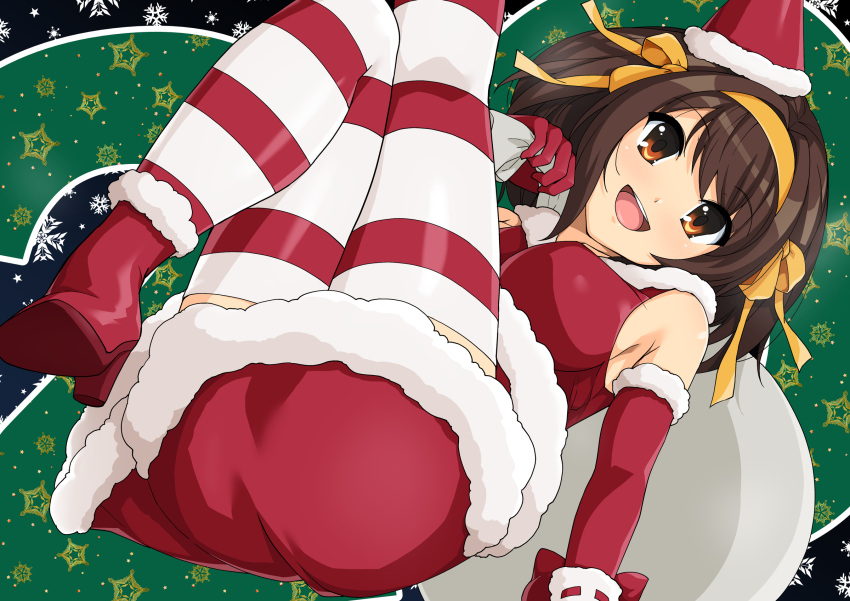 1girl ankle_boots bangs boots breasts brown_eyes brown_hair eyebrows_visible_through_hair fur_trim hair_ornament haruhisky hat highres looking_at_viewer lying medium_breasts on_back santa_hat shiny shiny_skin skirt smile solo striped striped_legwear suzumiya_haruhi suzumiya_haruhi_no_yuuutsu thigh-highs
