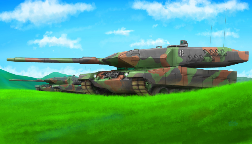 absurdres caterpillar_tracks clouds commentary_request day grass ground_vehicle highres iron_cross leopard_2 military military_vehicle motor_vehicle no_humans original scenery sky tank tomy8492 weapon