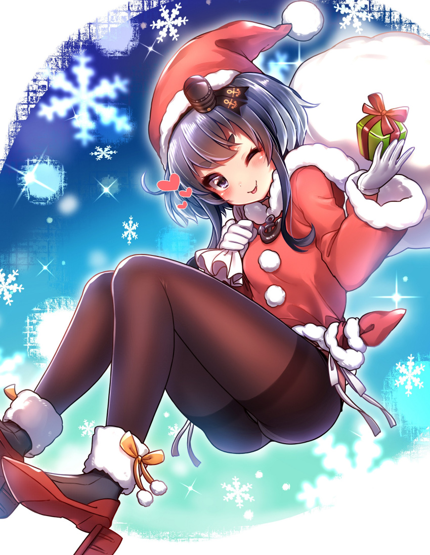 1girl absurdres anchor_necklace ass bangs black_hair black_legwear blush boots box brown_eyes capelet commentary_request dress eyebrows_visible_through_hair fur-trimmed_boots fur-trimmed_headwear fur_trim gift gift_box gloves hat highres holding holding_gift kantai_collection long_sleeves looking_at_viewer one_eye_closed panties panties_under_pantyhose pantyhose red_dress rudder_footwear sack santa_costume santa_hat short_hair short_hair_with_long_locks smile solo thighband_pantyhose tokitsukaze_(kantai_collection) tongue tongue_out underwear yufukiri