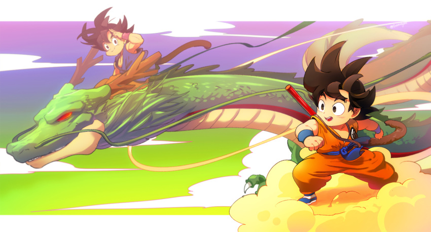 2boys animal black_eyes black_hair blue_footwear blue_shirt blurry blurry_background border clenched_hands closed_mouth clothes_writing clouds cloudy_sky deer_antlers dot_nose dougi dragon dragon_ball dragon_ball_(classic) dragon_ball_gt dragon_riding dual_persona facing_viewer flying_nimbus gradient gradient_background green_background hand_on_own_face hand_up horns legs_apart looking_afar looking_at_viewer male_focus messy_hair monkey_tail multiple_boys nyoibo ommmyoh open_mouth pants pink_background purple_background red_eyes salute shenlong_(dragon_ball) shirt shoes sitting_on_animal sky smile son_goku spiky_hair standing tail teeth time_paradox weapon whiskers white_border wide_shot wristband yellow_background yellow_pants younger