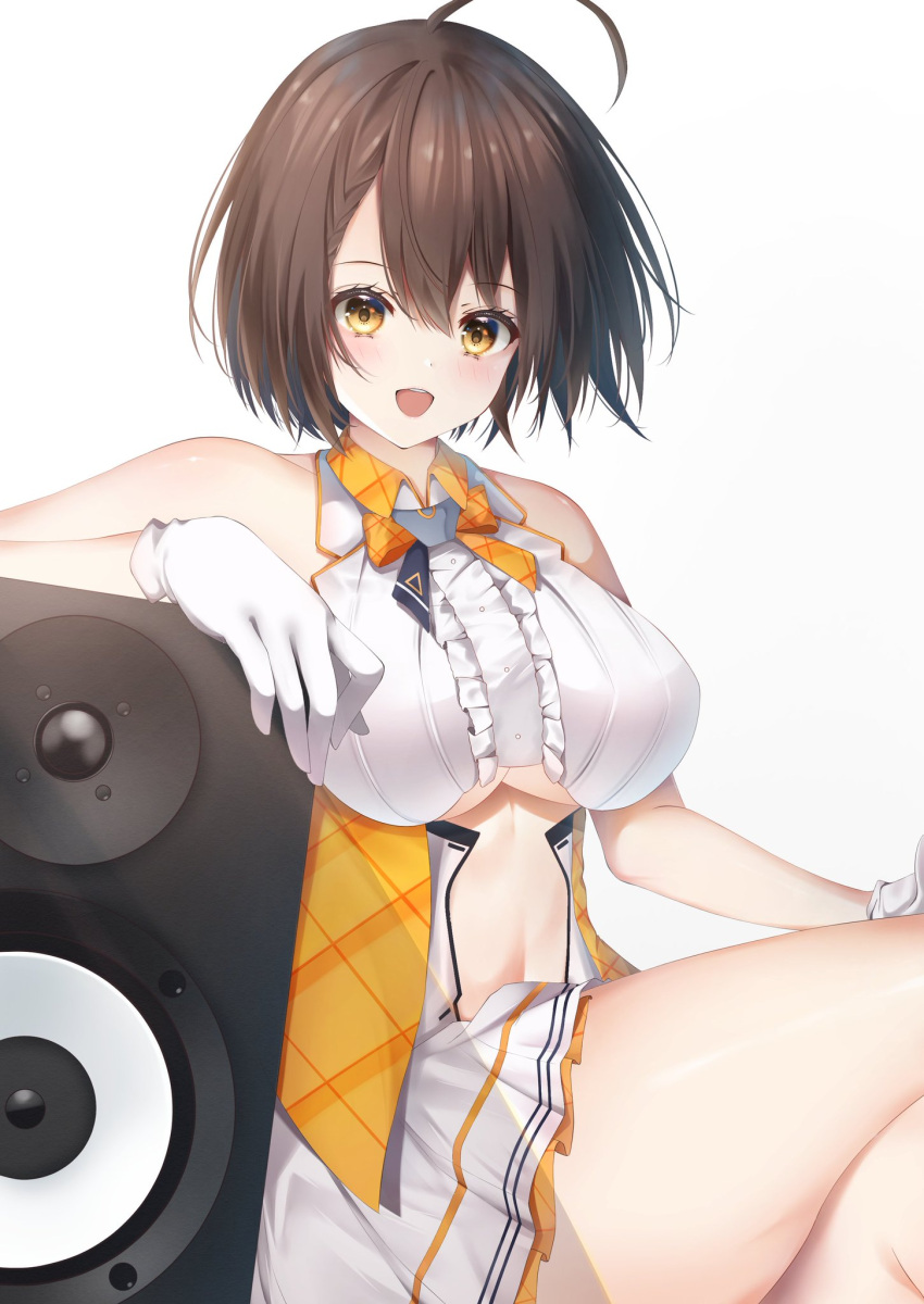 1girl ahoge azur_lane baltimore_(azur_lane) baltimore_(muse)_(azur_lane) bare_shoulders breasts brown_hair clothing_cutout gloves highres jacket large_breasts miniskirt nagi_aoi open_clothes open_jacket open_mouth pleated_skirt simple_background sitting skirt sleeveless sleeveless_jacket solo under_boob underboob_cutout white_background white_gloves white_skirt yellow_eyes
