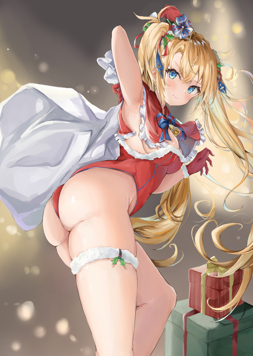 1girl ass bangs blonde_hair blue_eyes blush box bradamante_(fate/grand_order) breasts capelet christmas fate/grand_order fate_(series) fur_trim gift gift_box gloves hat highres large_breasts long_hair looking_at_viewer mikanagi_yuri red_capelet red_gloves red_headwear sack santa_costume santa_hat thigh_strap thighs twintails very_long_hair