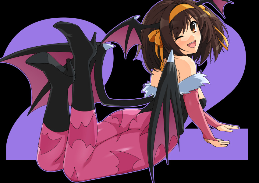 1girl animal_print bangs bat_print boots brown_eyes brown_hair cosplay eyebrows_visible_through_hair hair_ornament haruhisky high_heel_boots high_heels highleg highleg_leotard highres leotard looking_at_viewer looking_back low_twintails lying morrigan_aensland morrigan_aensland_(cosplay) on_stomach pantyhose shiny shiny_skin solo suzumiya_haruhi suzumiya_haruhi_no_yuuutsu twintails wings